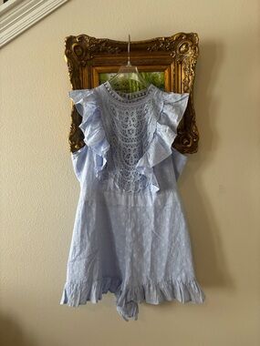 Aqua Light Blue Lace Ruffle Romper